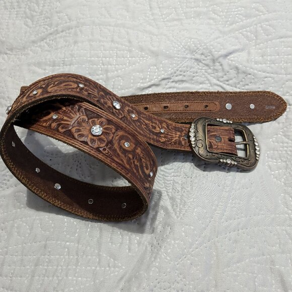 TONY LAMA - Women\'s Belt - BROWN Hand Tooled Leather CRYSTAL - Size L (38) main image 4
